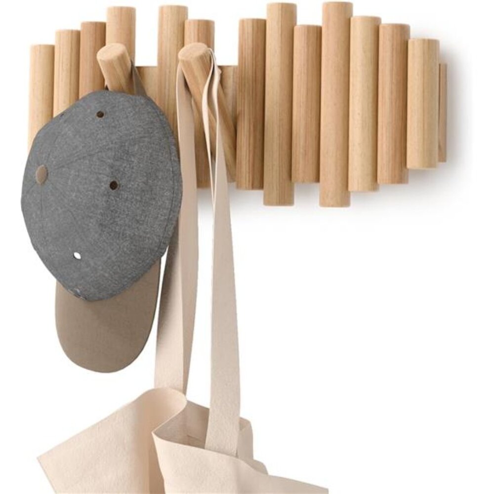 5 Hooks, Wall-Mounted Rail, Doubles as Art, Beveled Pine Wood